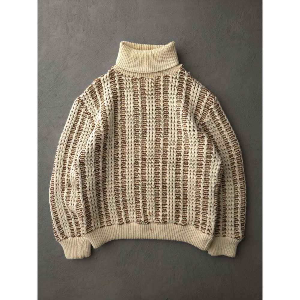 Vintage Handmade Beige Striped Wool Chunky Knit Turtleneck Sweater Men's M